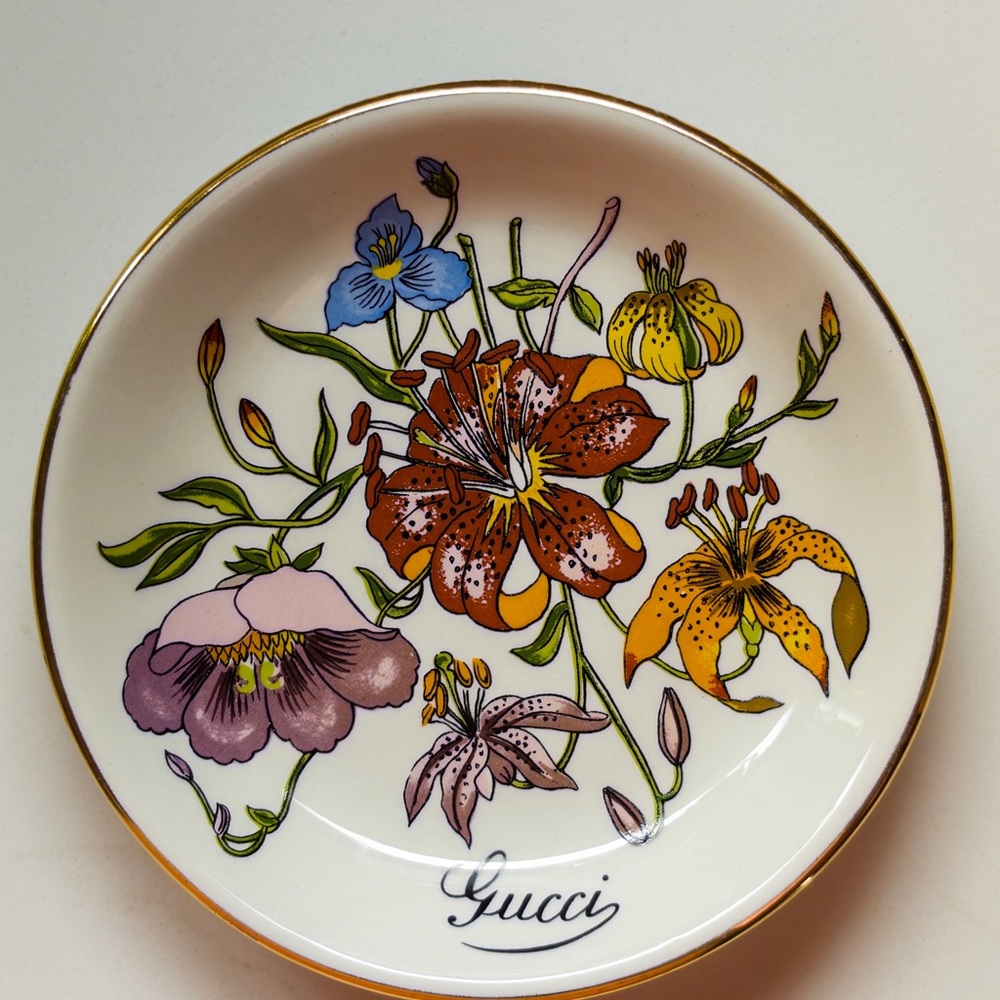 Vintage Gucci Flora Porcelain Trinket Dish | Gold Rim Jewelry Dish - 4.5”